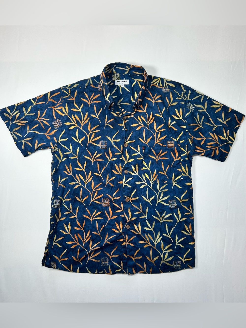 Mad Gringo Mens 100% Cotton Indonesian Batik Hawaiian Camp Shirt Blue Size L